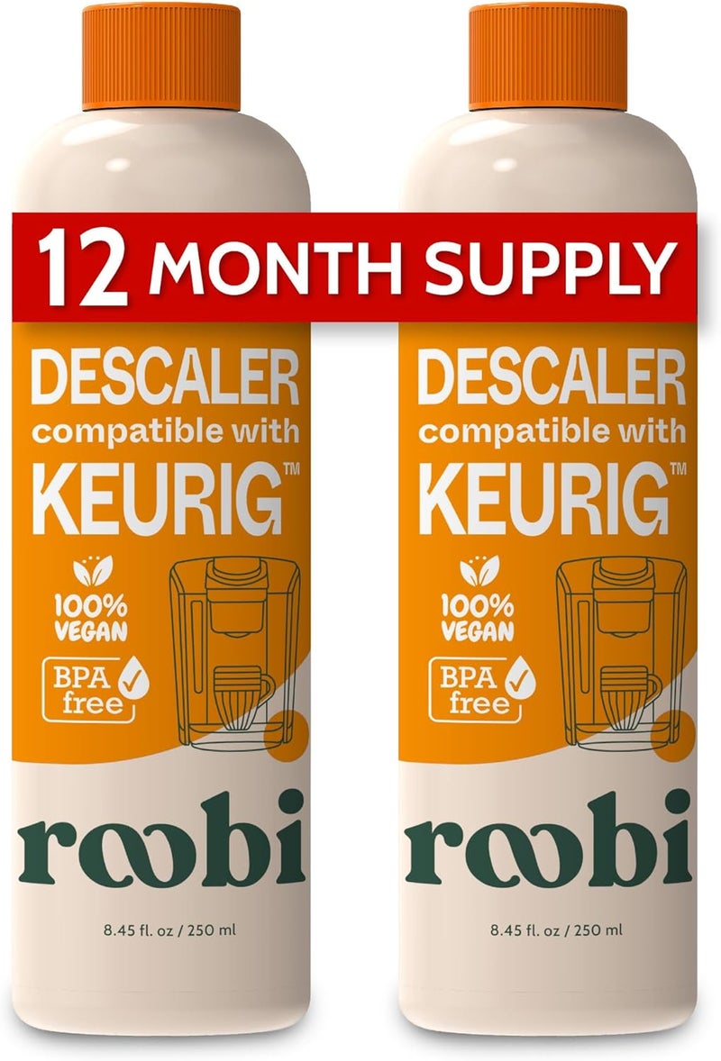 Roobi Keurig Compatible Descaling Solution. Specially Formulated for Descaling & Cleaning. 2 Uses per Bottle, 2 Pack. Carbon Neutral Keurig Descaling Kit. - Image 1